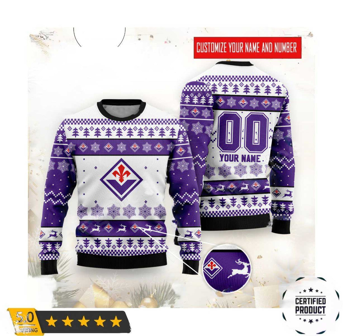 ACF Fiorentina Individueller Name Nummer Weiß Lila Hässlich Weihnachtspullover
