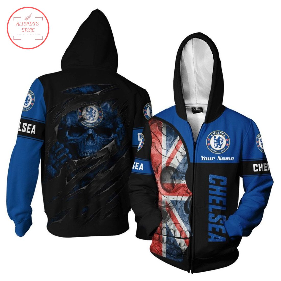 Chelsea FC Individueller Name UK Flagge Schädel Reißverschluss-Hoodie