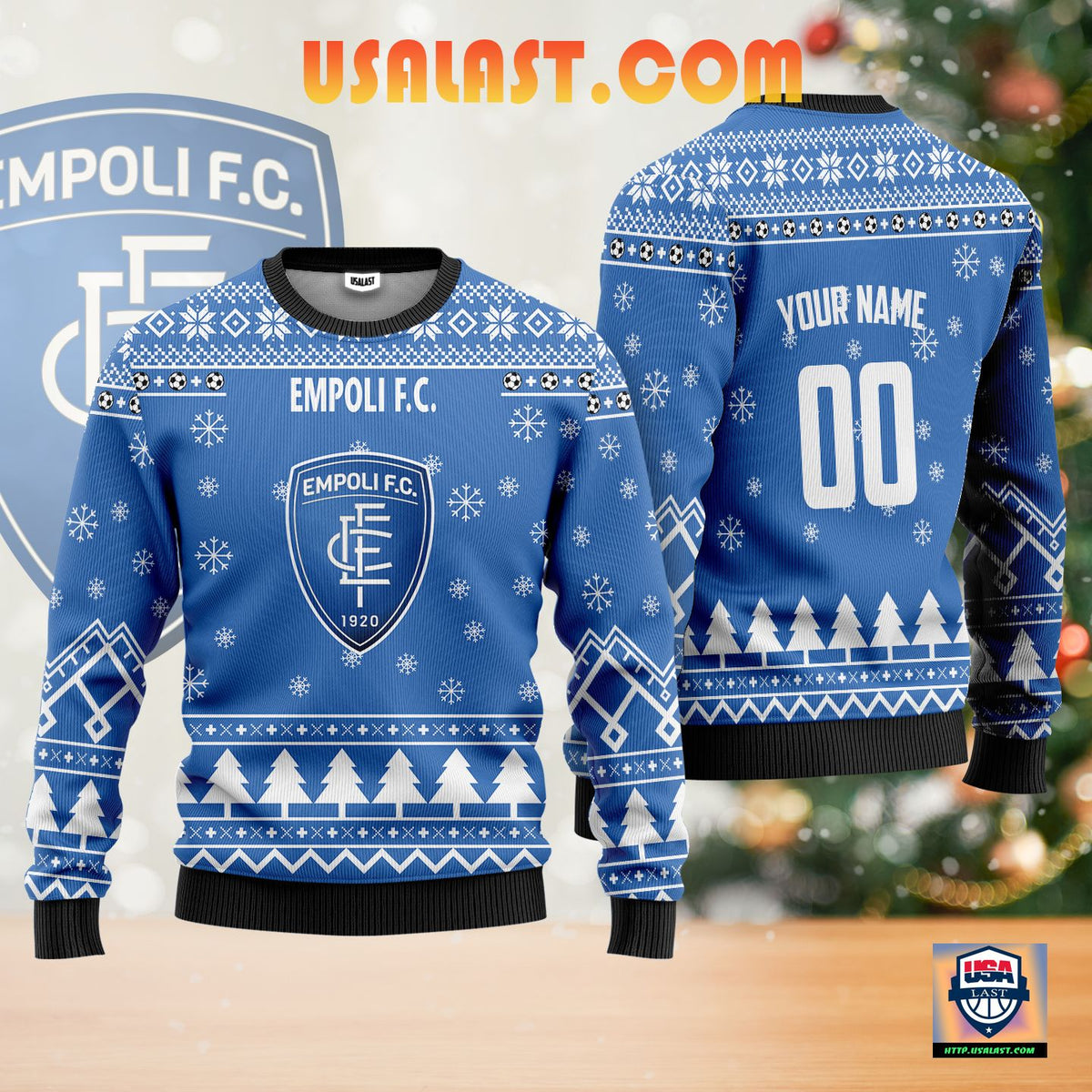 Empoli FC Individueller Name Nummer Blau Ausführung Hässlich Weihnachtspullover