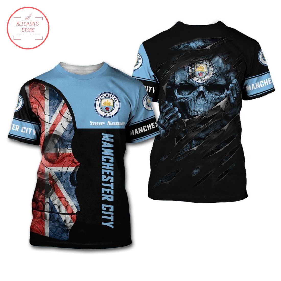 Manchester City Individueller Name UK Flagge Schädel Himmel Blau T-Shirt