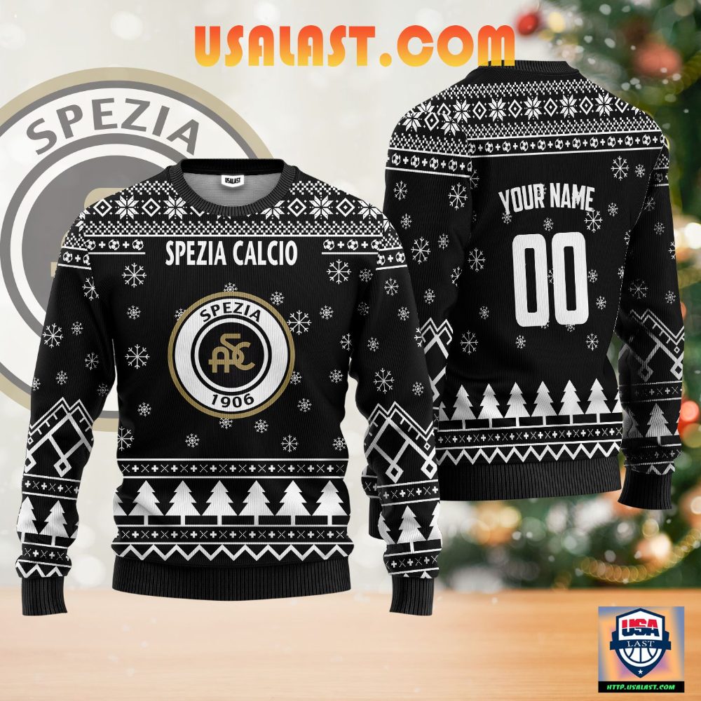 Spezia Calcio Individueller Name Nummer Schwarz Ausführung Hässlich Weihnachtspullover