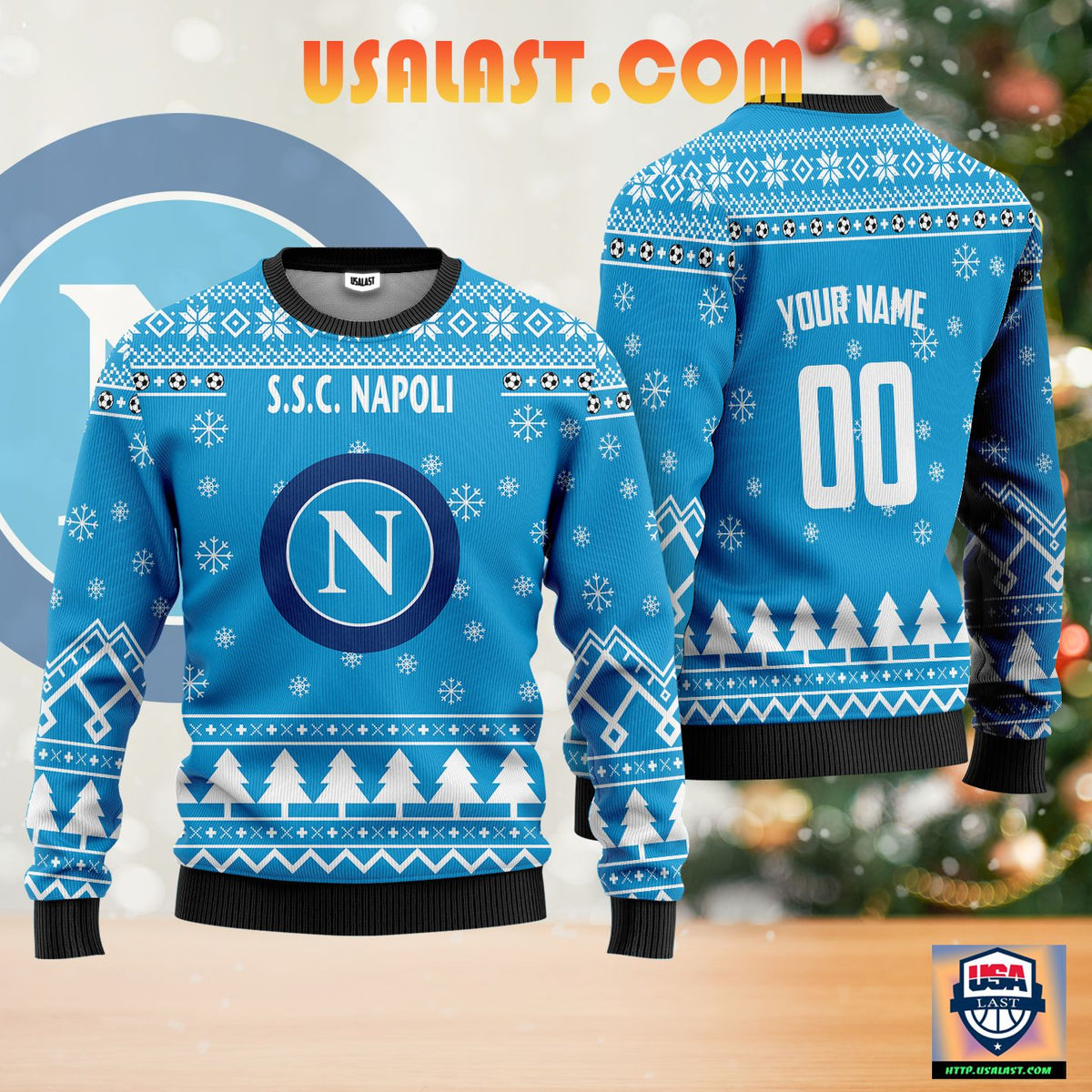 SSC Napoli Individueller Name Nummer Blau Hässlich Weihnachtspullover V2