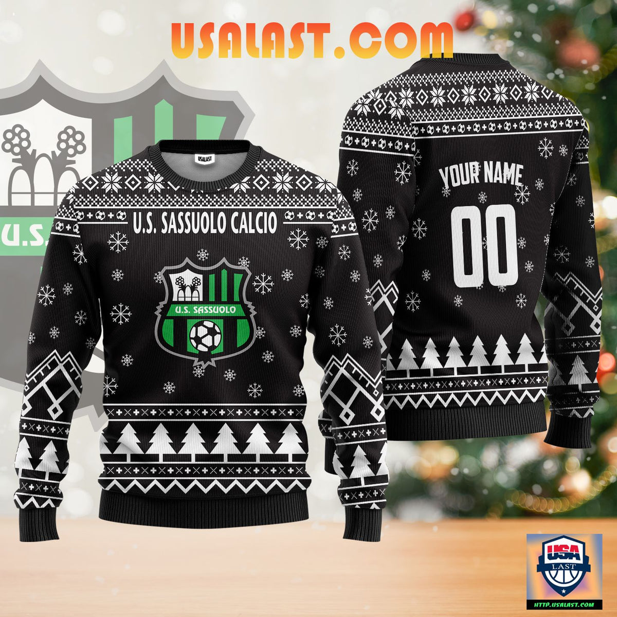 US Sassuolo Calcio Individueller Name Nummer Schwarz Ausführung Hässlich Weihnachtspullover