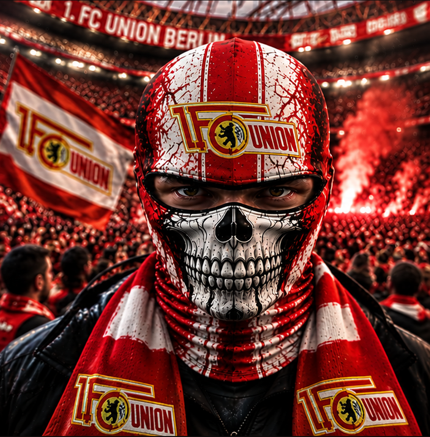 1. FC Union Berlin Horror Balaclava – Gruselige Fußball Fan Sturmhaube | Halloween Maske