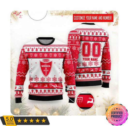 AC Monza Individueller Name Nummer Weiß Rot Hässlich Weihnachtspullover