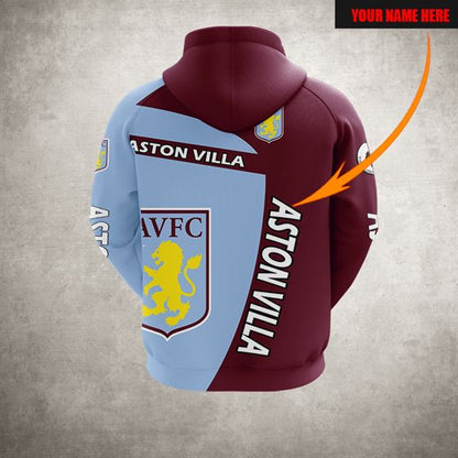 Aston Villa FC Individueller Name Rotwein Blau Reißverschluss-Hoodie