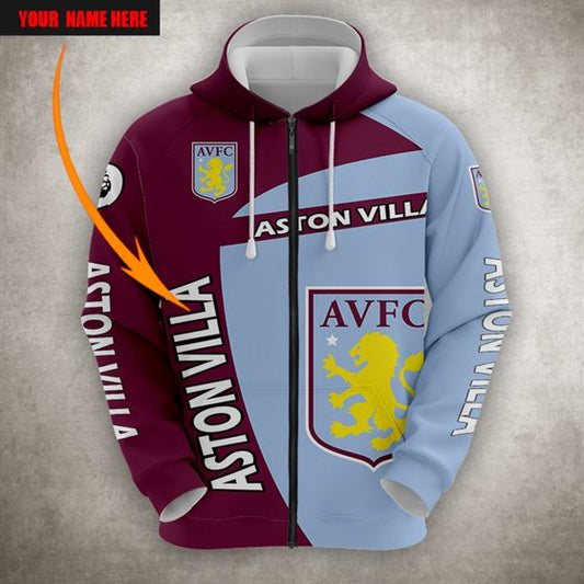 Aston Villa FC Individueller Name Rotwein Blau Reißverschluss-Hoodie