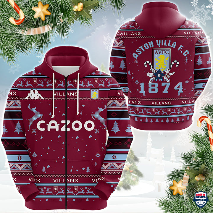 Aston Villa FC Rotwein Blau Hässliches Weihnachten Reißverschluss-Hoodie