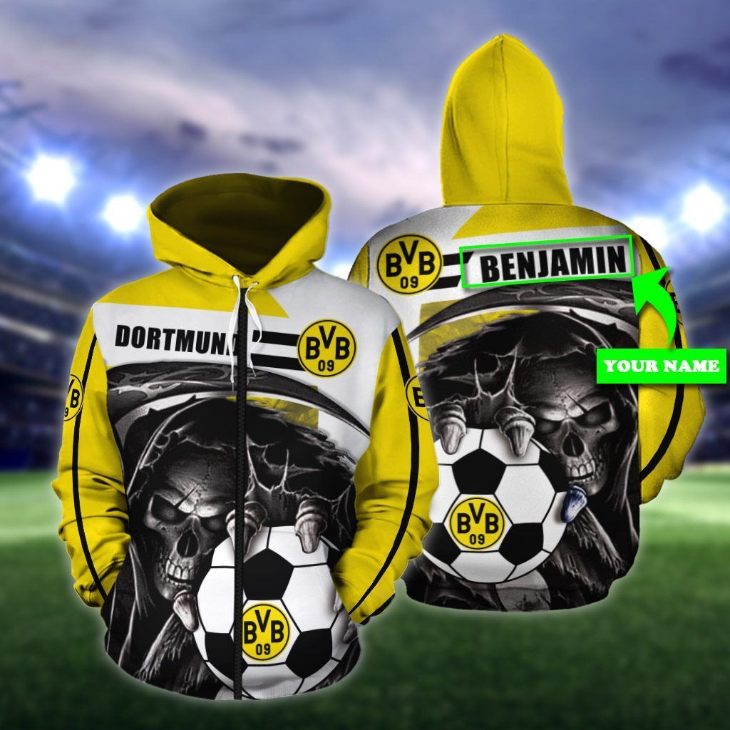 Borussia Dortmund Individueller Name Gelb Schwarz Schädel Reißverschluss-Hoodie