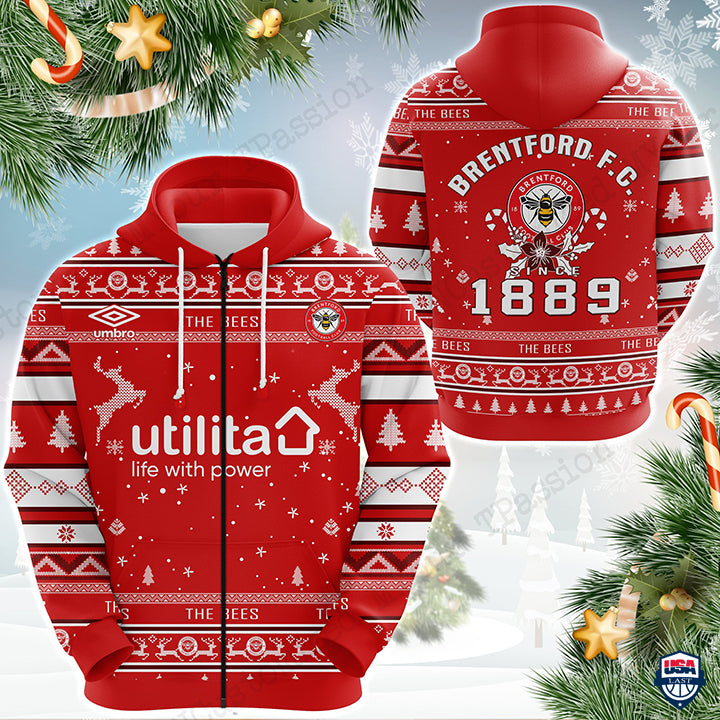 Brentford FC 1889 Hässliches Weihnachten Reißverschluss-Hoodie