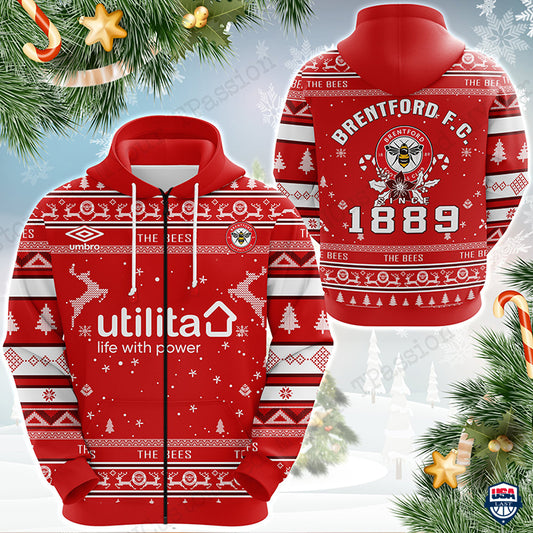 Brentford FC 1889 Hässliches Weihnachten Reißverschluss-Hoodie
