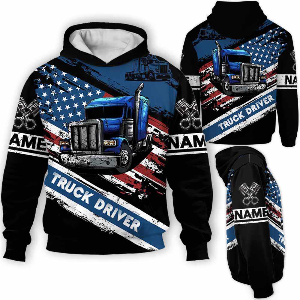Car Lover - Truck Driver Usa Flag Custom Name Kapuzenpullover