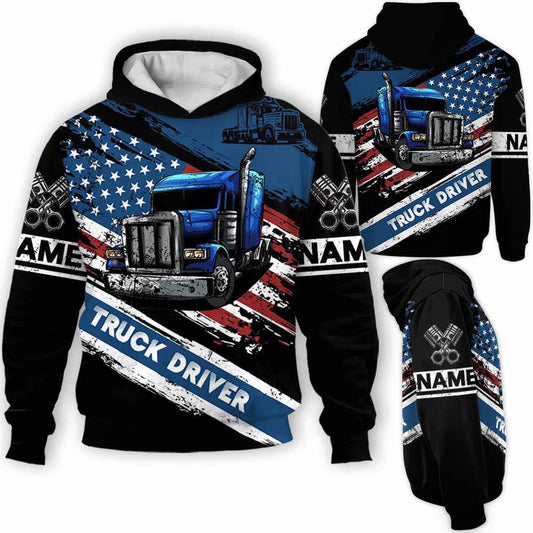 Car Lover - Truck Driver Usa Flag Custom Name Kapuzenpullover