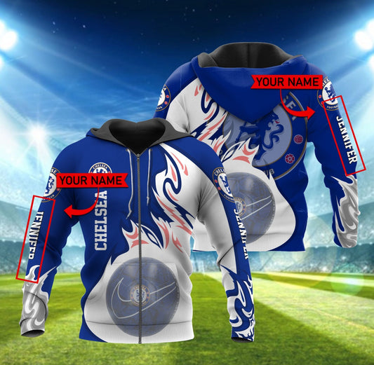 Chelsea FC Individueller Name Blau Weiß Flamme Ball Reißverschluss-Hoodie