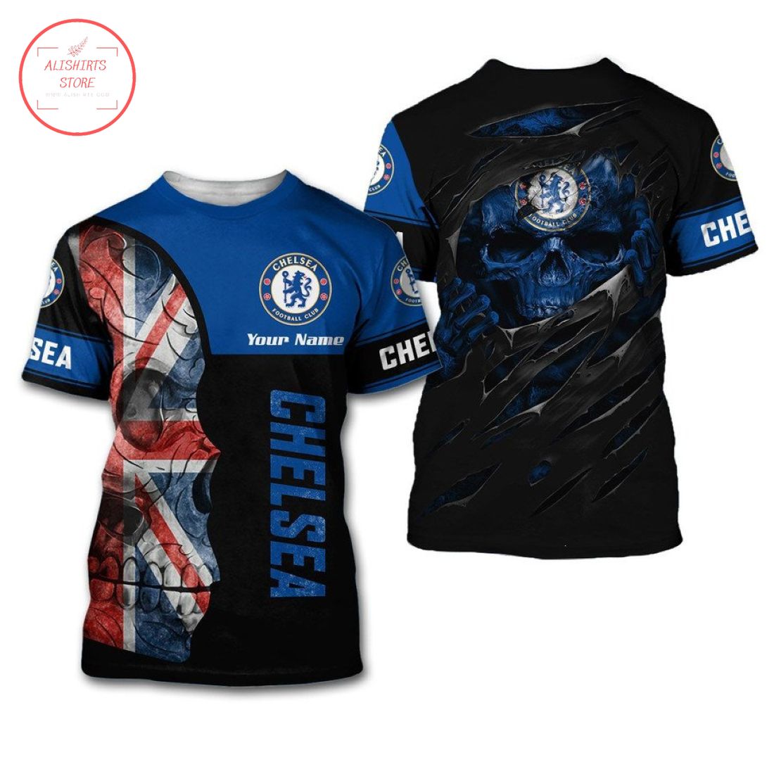 Chelsea FC Individueller Name UK Flagge Schädel T-Shirt