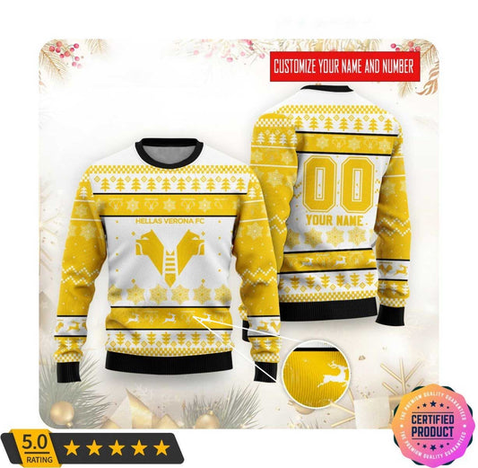 Hellas Verona FC Individueller Name Nummer Weiß Gelb Hässlich Weihnachtspullover