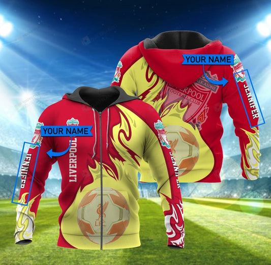 Liverpool FC Individueller Name Rot Gold Flamme Ball Reißverschluss-Hoodie