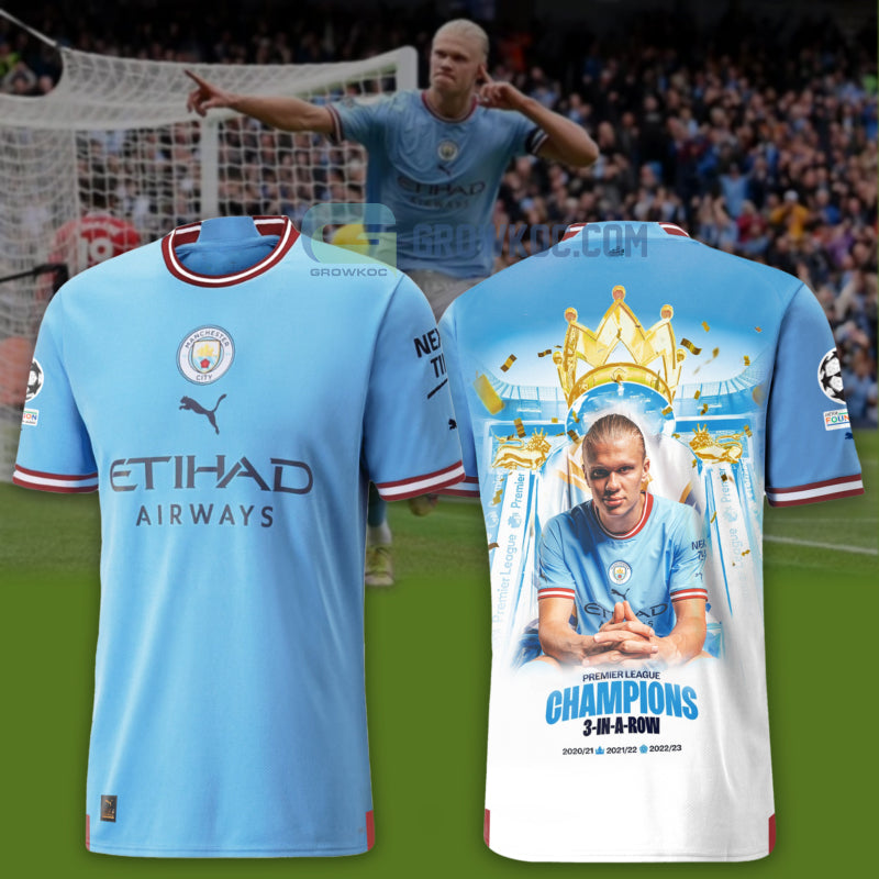 Manchester City Erling Haaland Champions 3 In Row T-Shirt