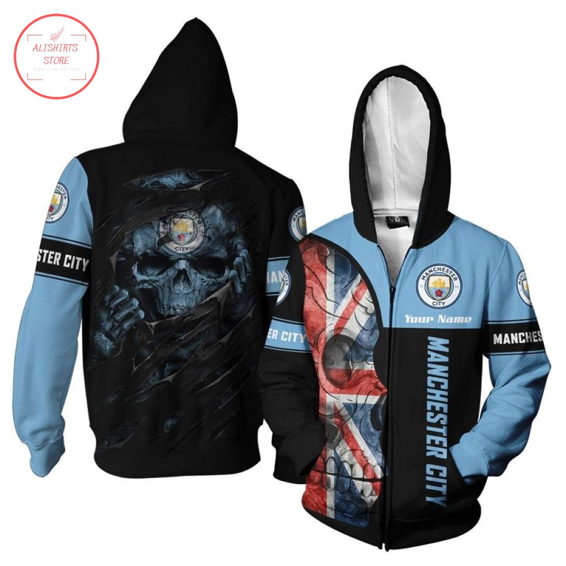Manchester City Individueller Name UK Flagge Schädel Himmel Blau Reißverschluss-Hoodie