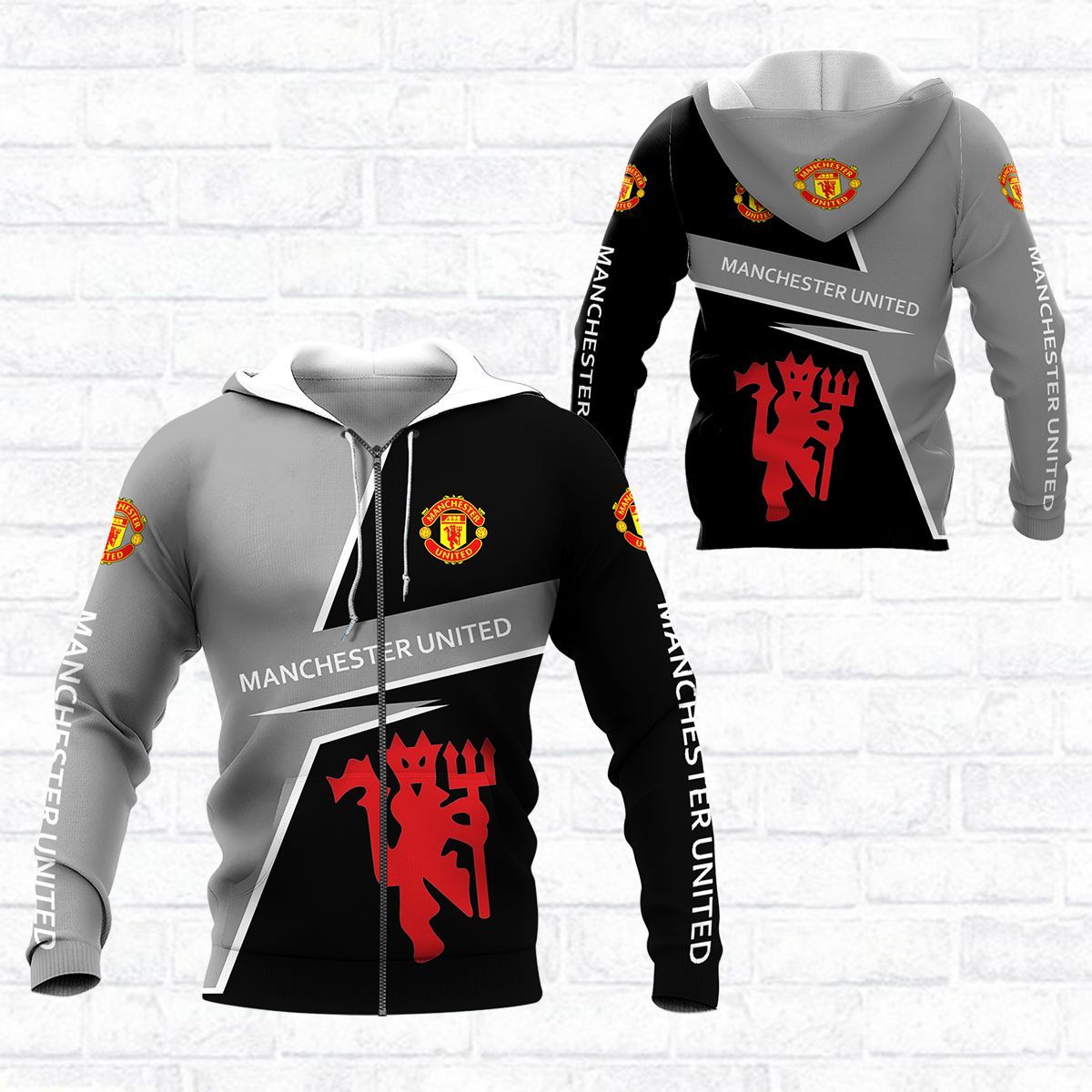 Manchester United Grau Schwarz Reißverschluss-Hoodie