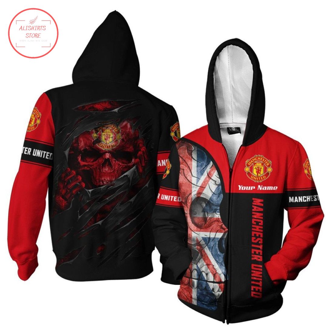 Manchester United Individueller Name UK Flagge Schädel Reißverschluss-Hoodie