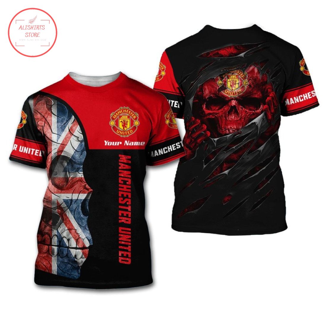 Manchester United Individueller Name UK Flagge Schädel T-Shirt