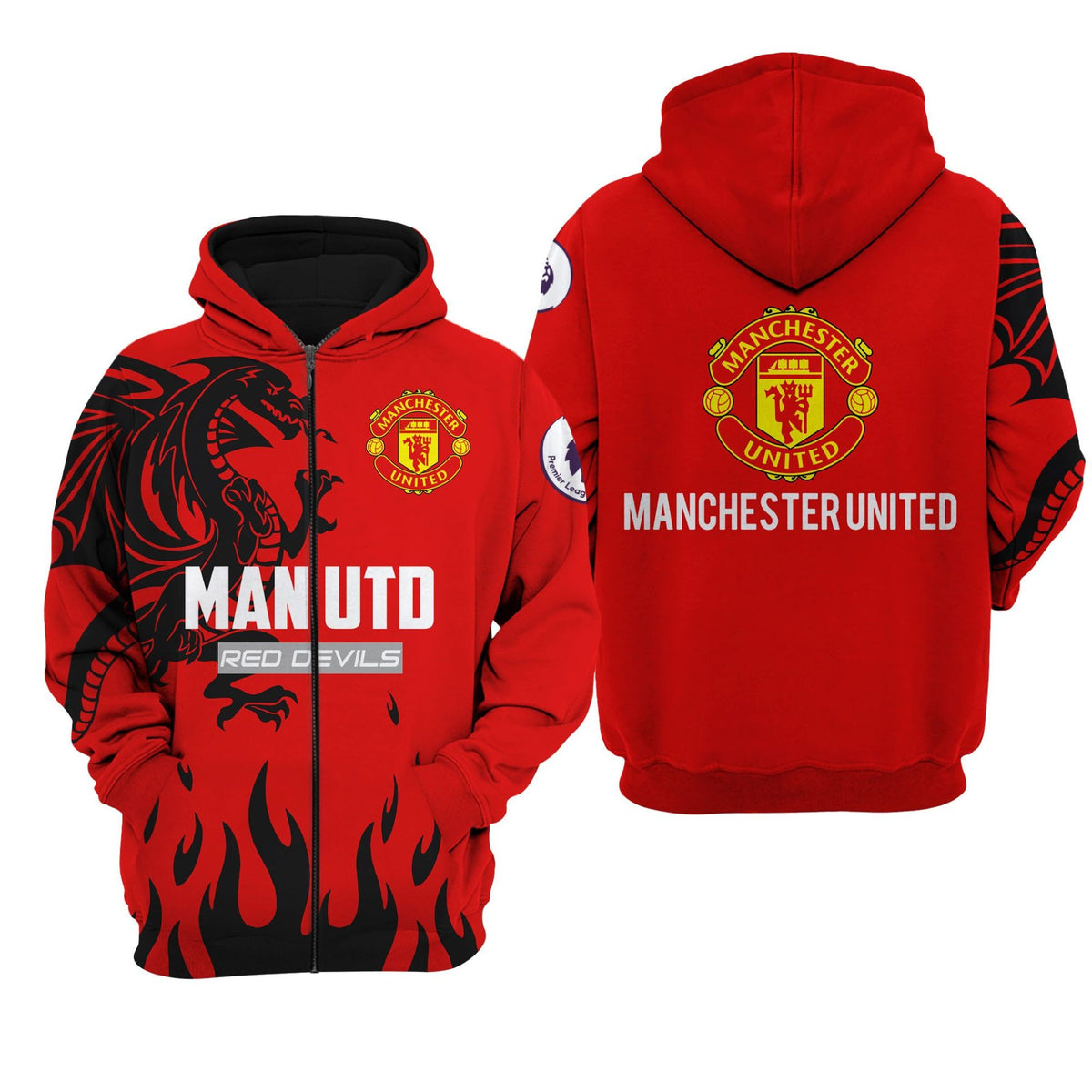 Manchester United Rot Schwarz Drachen Reißverschluss-Hoodie