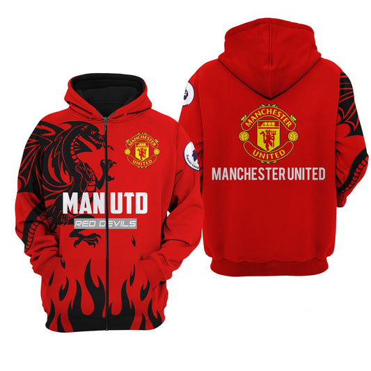 Manchester United Rot Schwarz Drachen Reißverschluss-Hoodie