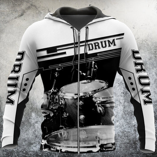Music Lover - Drums Black White Reißverschluss-Hoodie