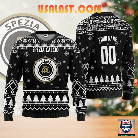 Spezia Calcio Individueller Name Nummer Schwarz Ausführung Hässlich Weihnachtspullover