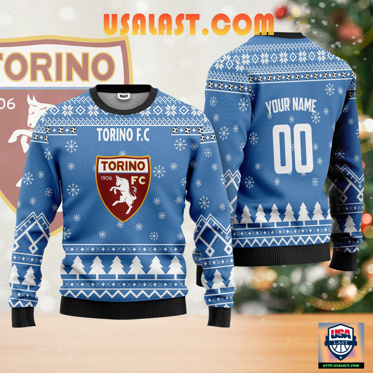 Torino FC Individueller Name Nummer Blau Ausführung Hässlich Weihnachtspullover