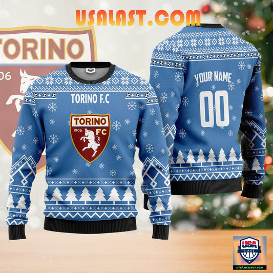 Torino FC Individueller Name Nummer Blau Ausführung Hässlich Weihnachtspullover