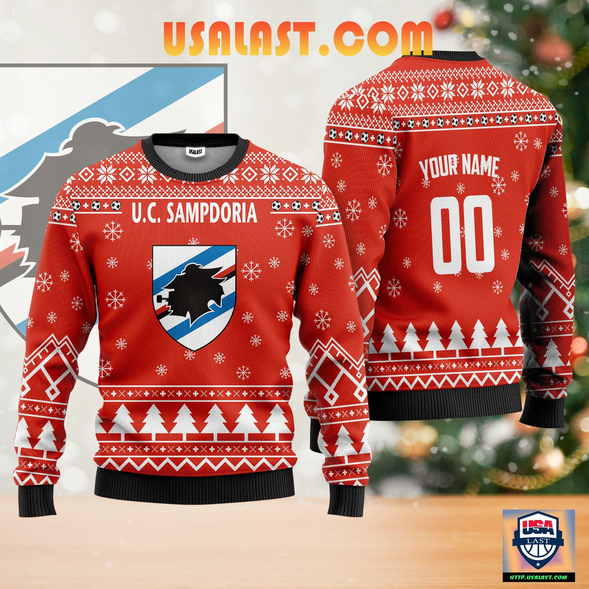 UC Sampdoria Individueller Name Nummer Rot Ausführung Hässlich Weihnachtspullover