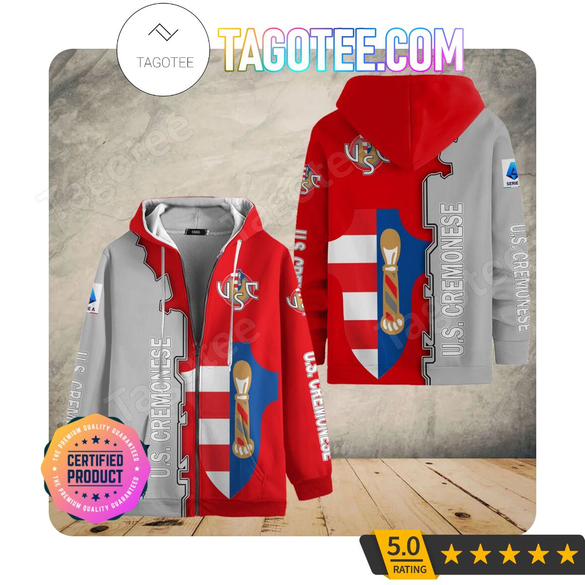 US Cremonese Grau Rot Reißverschluss-Hoodie