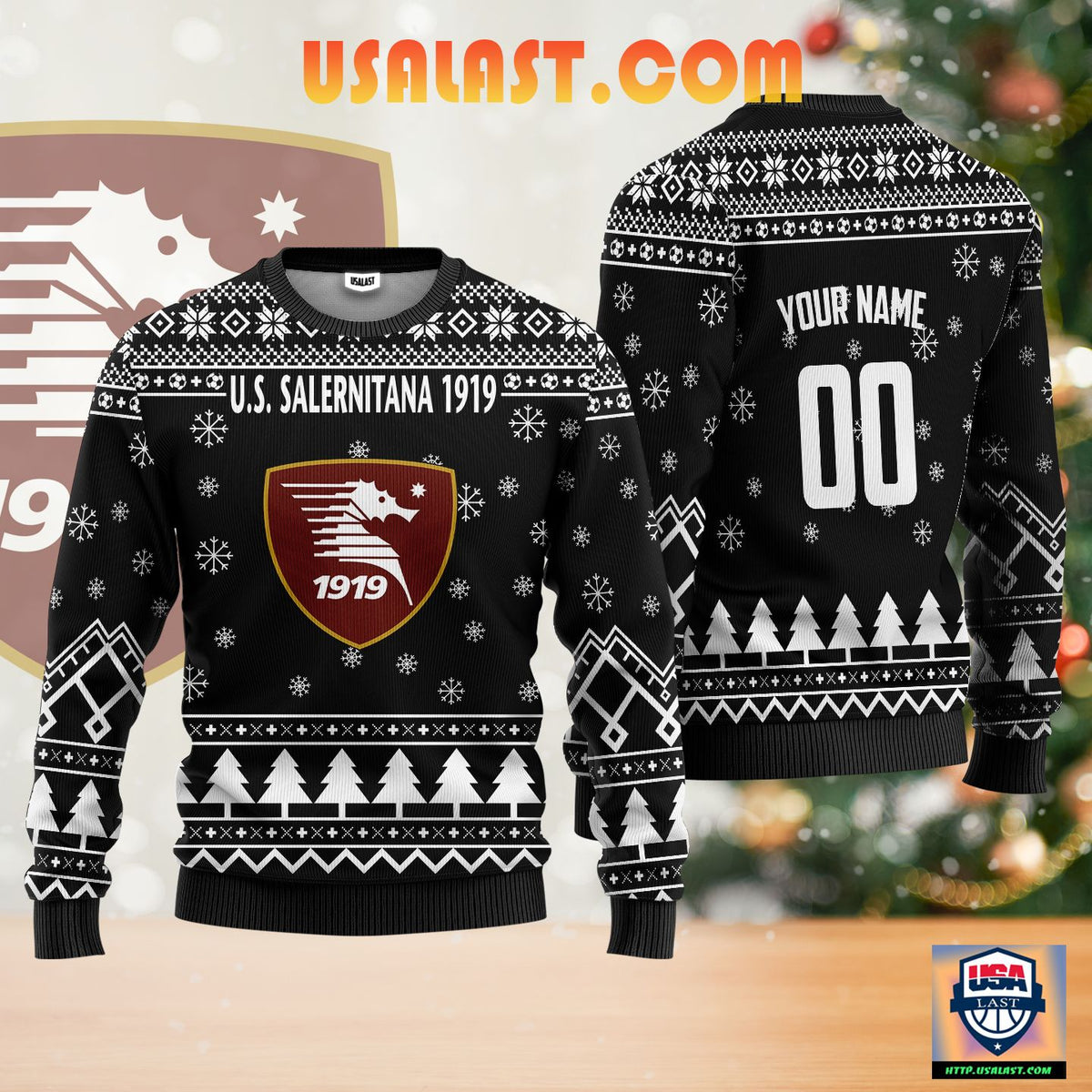 US Salernitana Individueller Name Nummer Schwarz Ausführung Hässlich Weihnachtspullover