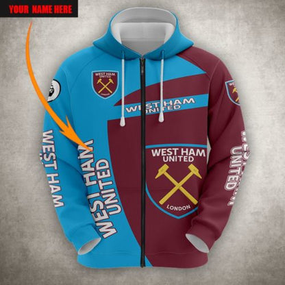 West Ham United FC Individueller Name Blau Rot Reißverschluss-Hoodie